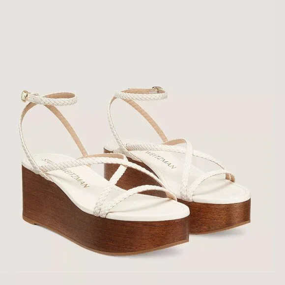 495$ Stuart Weitzman Wovette Woven Leather Wood Wedge Sandals Size 10 US Ivory - Picture 3 of 4